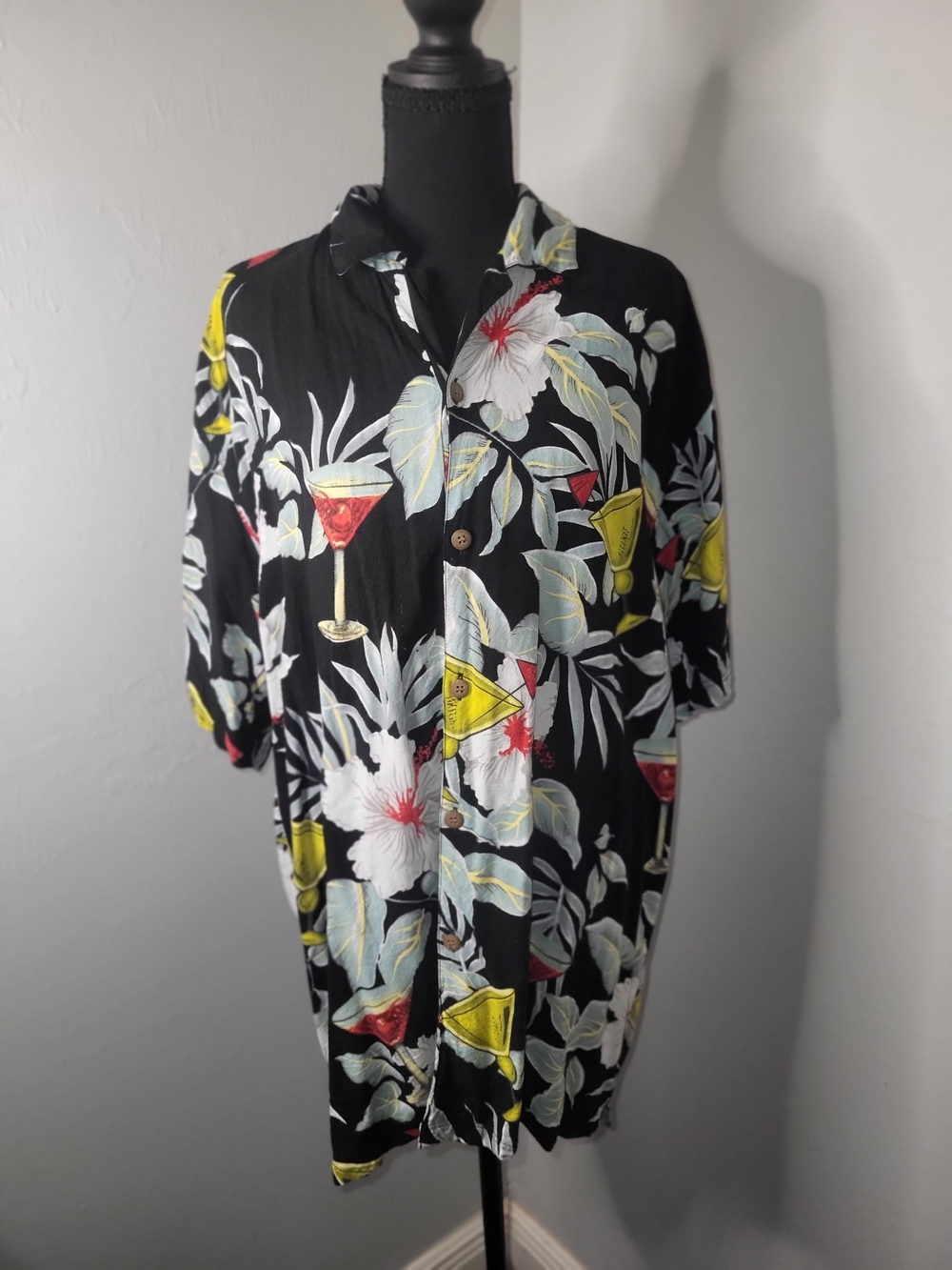 Black Tropical Cocktail Print Button-Up Shirt